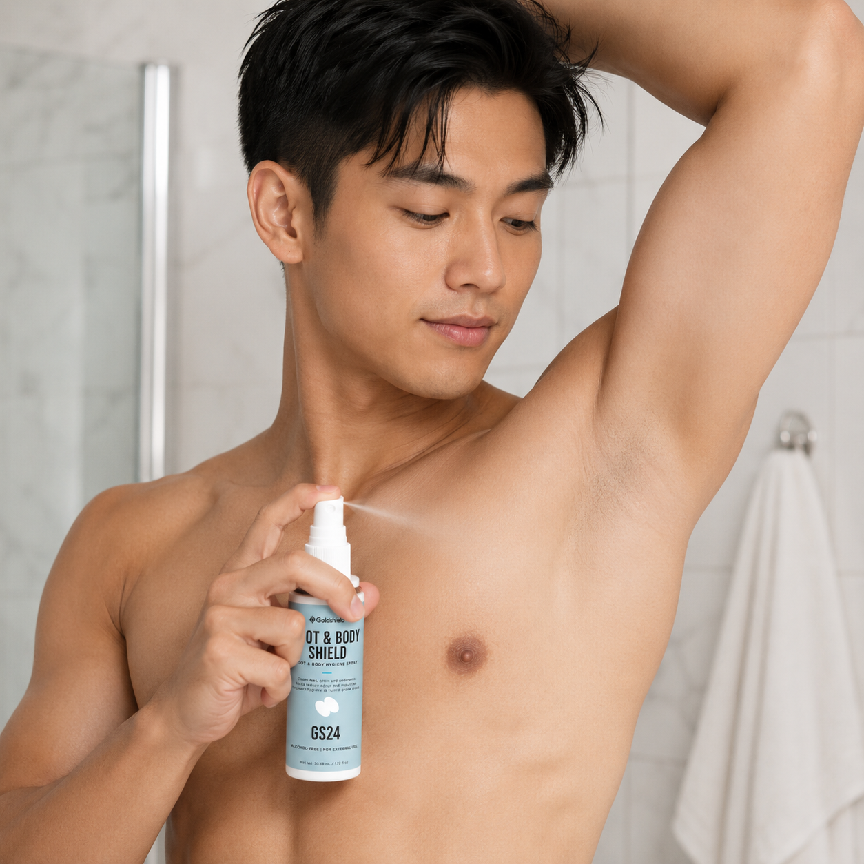 Man spraying GS24 Foot & Body Shield under his arm after a shower